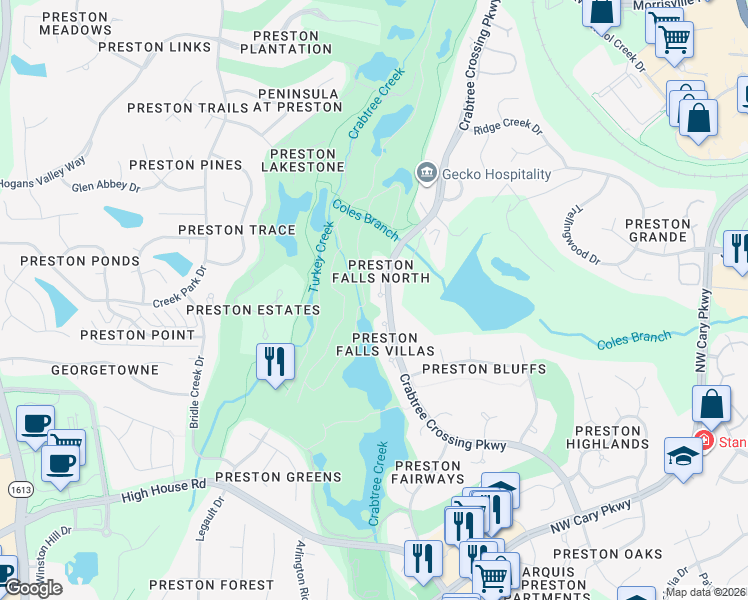 map of restaurants, bars, coffee shops, grocery stores, and more near 767 Crabtree Crossing Parkway in Cary