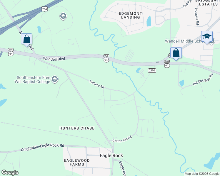 map of restaurants, bars, coffee shops, grocery stores, and more near Old Tarboro Road in Wendell