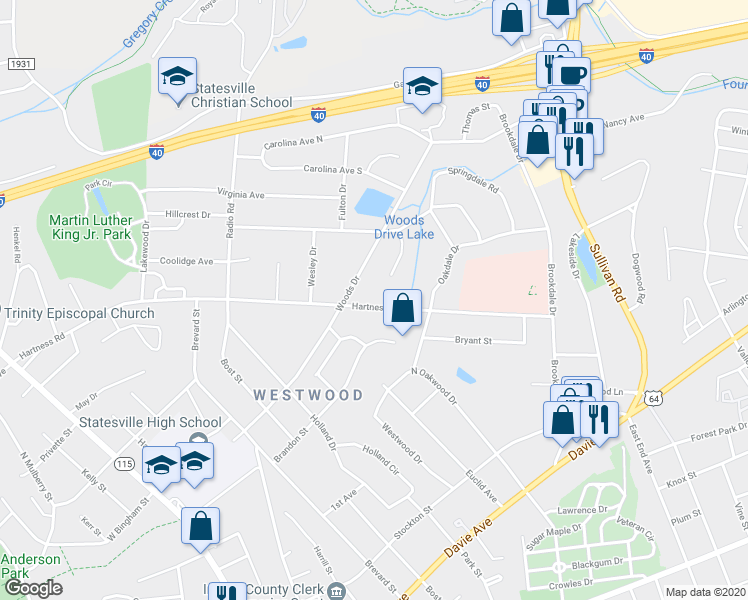 map of restaurants, bars, coffee shops, grocery stores, and more near 631 Hartness Road in Statesville