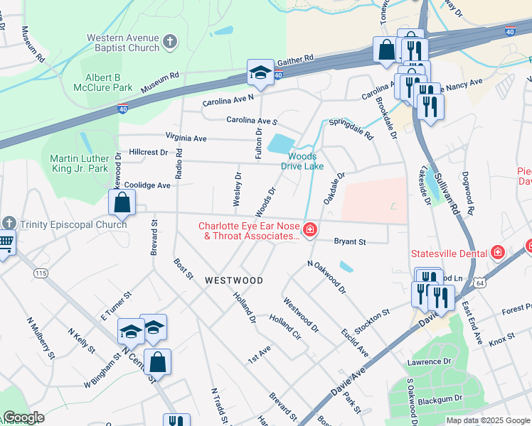 map of restaurants, bars, coffee shops, grocery stores, and more near 804 Woods Drive in Statesville