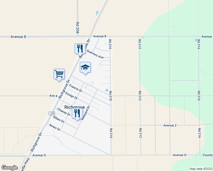 map of restaurants, bars, coffee shops, grocery stores, and more near 20975 Diaz Avenue in Richgrove