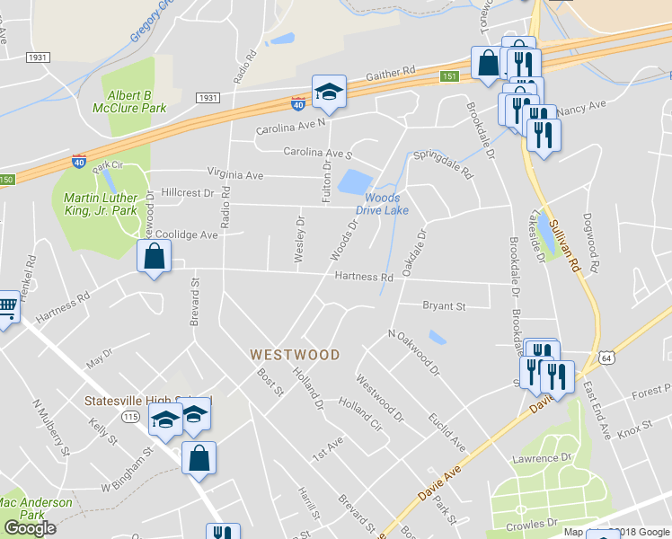 map of restaurants, bars, coffee shops, grocery stores, and more near 804 Woods Drive in Statesville