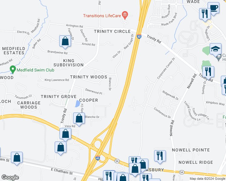 map of restaurants, bars, coffee shops, grocery stores, and more near 1017 Bianco Drive in Raleigh