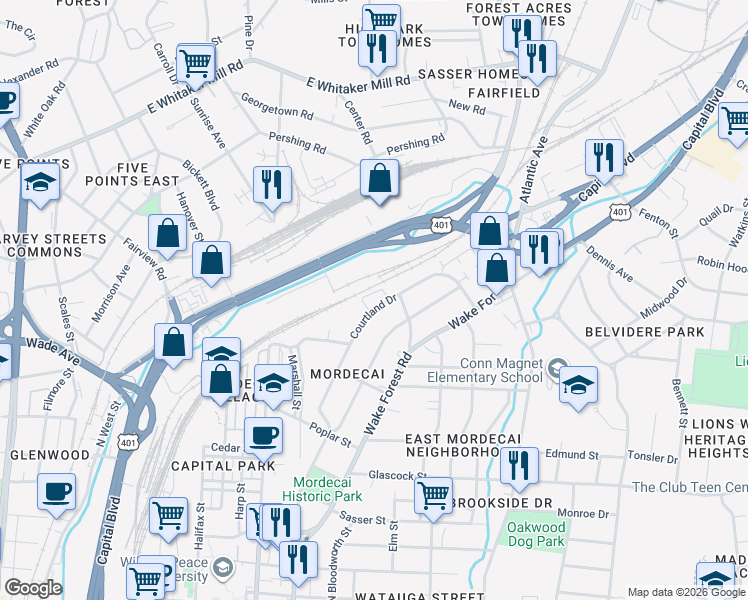 map of restaurants, bars, coffee shops, grocery stores, and more near 1331 Courtland Drive in Raleigh