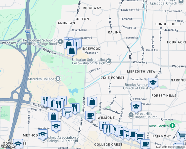 map of restaurants, bars, coffee shops, grocery stores, and more near 904 Brookwood Drive in Raleigh