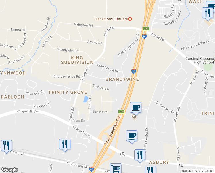 map of restaurants, bars, coffee shops, grocery stores, and more near 6116 Deerwood Place in Raleigh