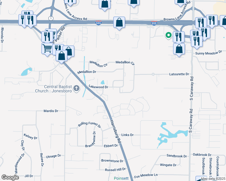 map of restaurants, bars, coffee shops, grocery stores, and more near 1317 Lakewood Drive in Jonesboro