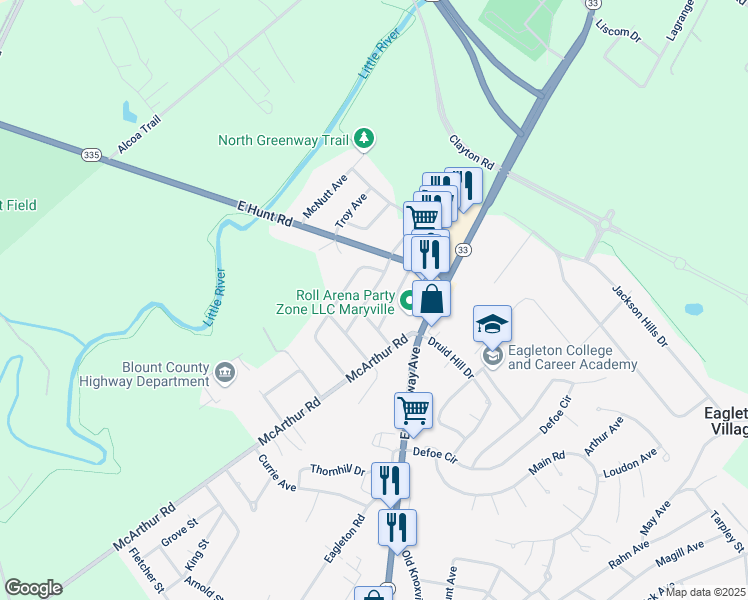 map of restaurants, bars, coffee shops, grocery stores, and more near 2808 Milford Avenue in Maryville