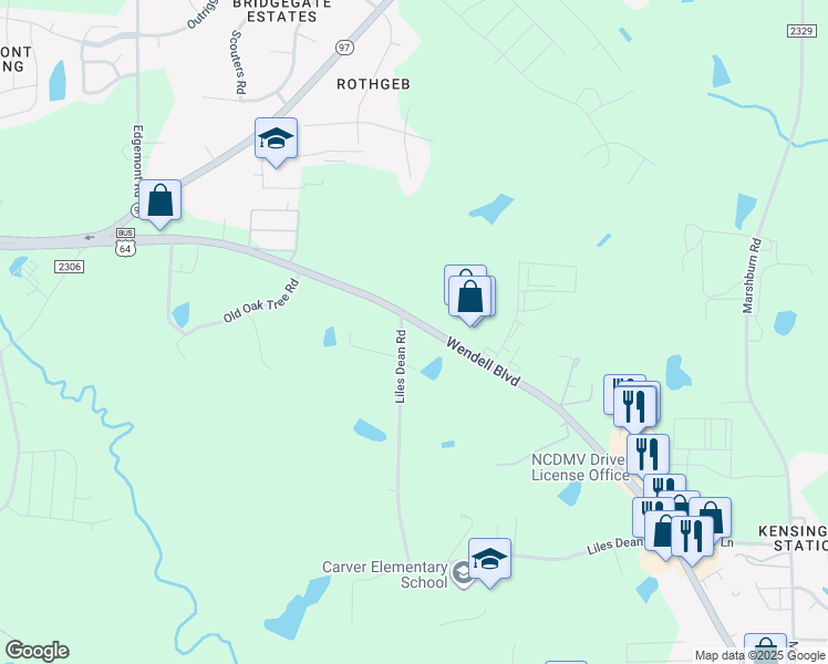 map of restaurants, bars, coffee shops, grocery stores, and more near 2420 Wendell Boulevard in Wendell