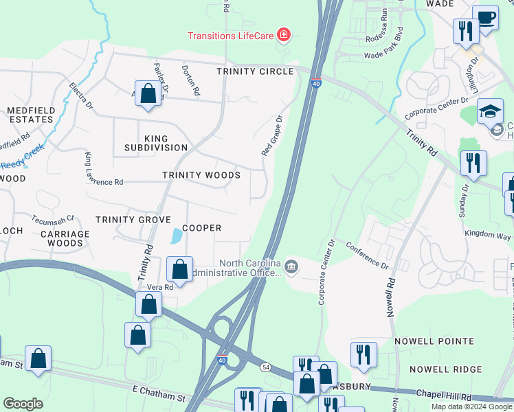 map of restaurants, bars, coffee shops, grocery stores, and more near 1017 Bianco Drive in Raleigh