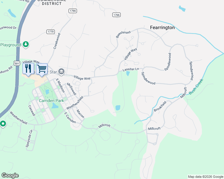 map of restaurants, bars, coffee shops, grocery stores, and more near 562 Weathersfield in Pittsboro