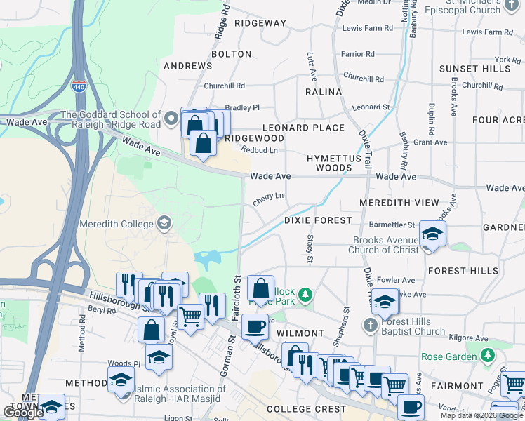 map of restaurants, bars, coffee shops, grocery stores, and more near 904 Brookwood Drive in Raleigh