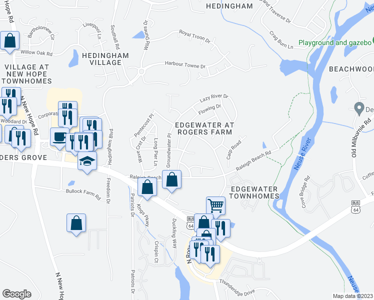 map of restaurants, bars, coffee shops, grocery stores, and more near 2102 Swimming Hole Circle in Raleigh