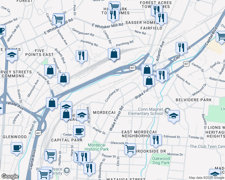 map of restaurants, bars, coffee shops, grocery stores, and more near 1331 Courtland Drive in Raleigh
