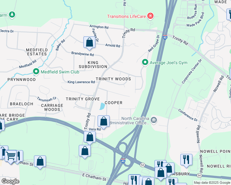 map of restaurants, bars, coffee shops, grocery stores, and more near 6204 Deerwood Place in Raleigh