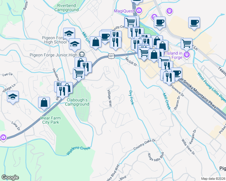map of restaurants, bars, coffee shops, grocery stores, and more near 330 Greenwood Way in Pigeon Forge