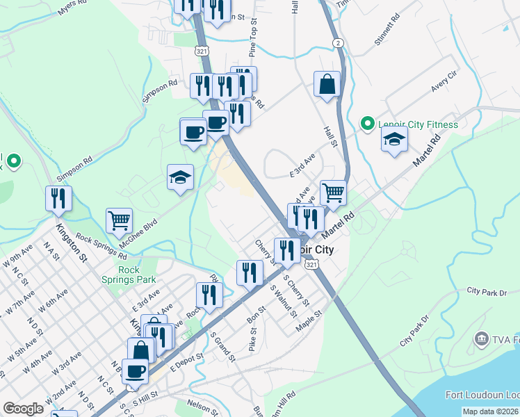 map of restaurants, bars, coffee shops, grocery stores, and more near 400 North Rose Street in Lenoir City