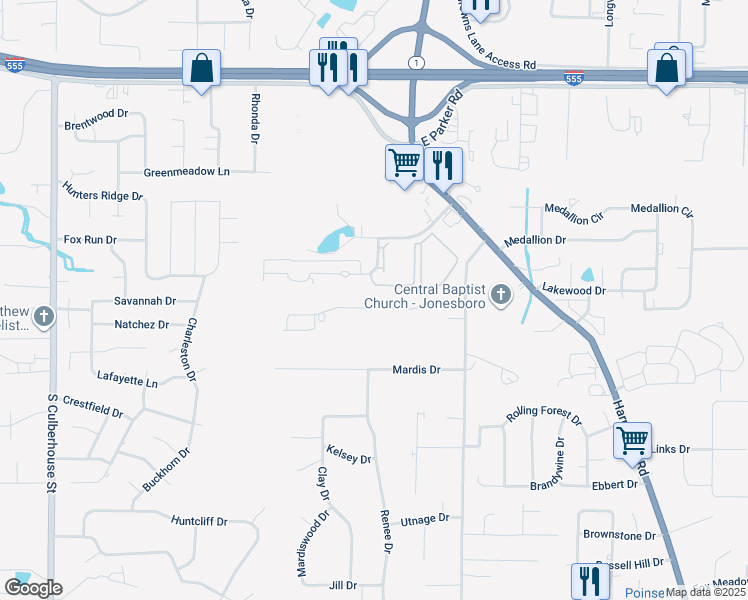 map of restaurants, bars, coffee shops, grocery stores, and more near 605 Shadow Ridge Drive in Jonesboro
