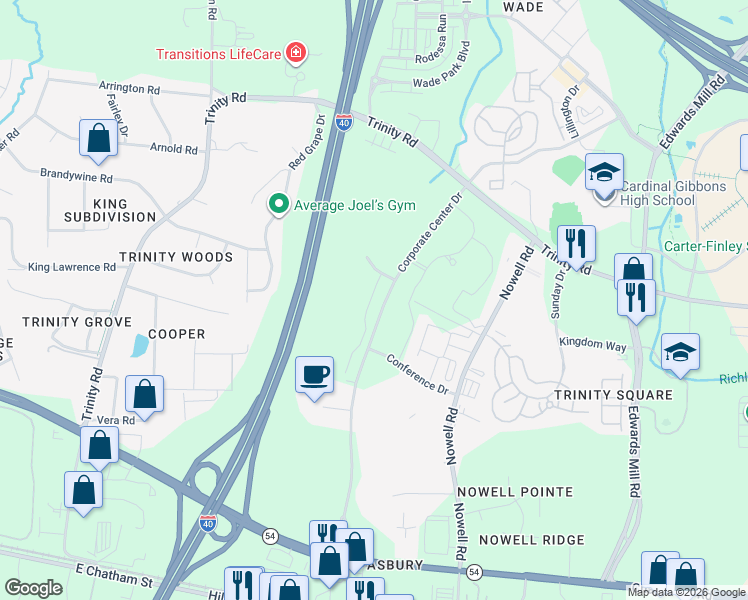 map of restaurants, bars, coffee shops, grocery stores, and more near 1000-1148 Corporate Center Drive in Raleigh