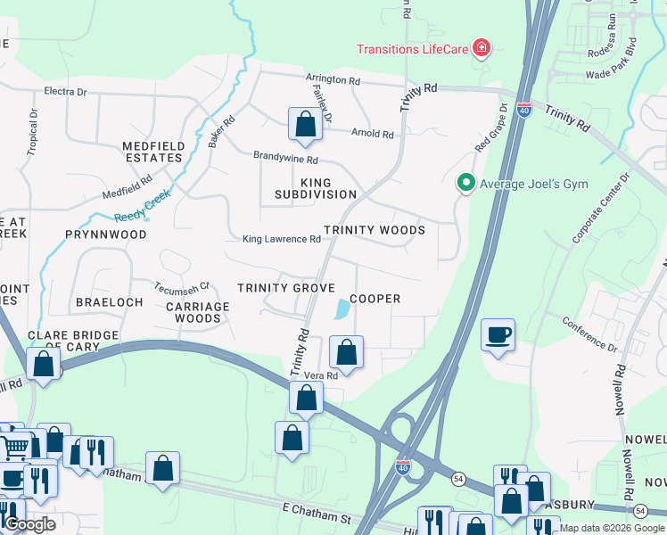 map of restaurants, bars, coffee shops, grocery stores, and more near 1404 Trinity Road in Raleigh