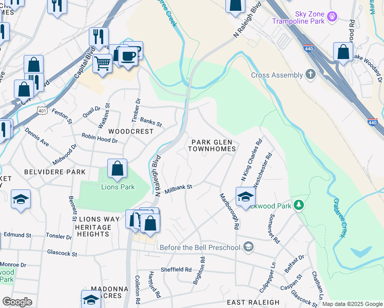 map of restaurants, bars, coffee shops, grocery stores, and more near 1320 Park Glen Drive in Raleigh