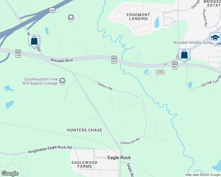 map of restaurants, bars, coffee shops, grocery stores, and more near 729 Eagle Rock Road in Wendell