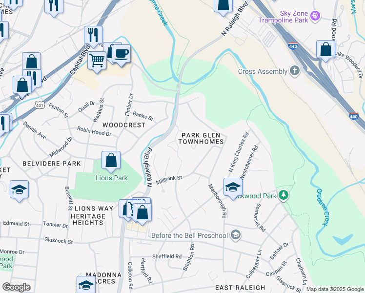 map of restaurants, bars, coffee shops, grocery stores, and more near 879 Dalewood Drive in Raleigh