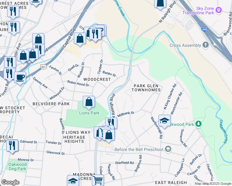 map of restaurants, bars, coffee shops, grocery stores, and more near 1639 Burgundy Street in Raleigh