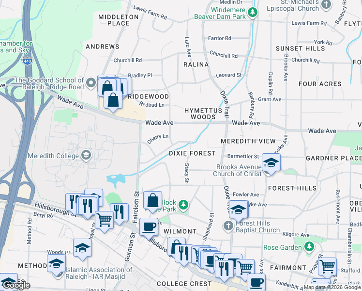 map of restaurants, bars, coffee shops, grocery stores, and more near in Raleigh