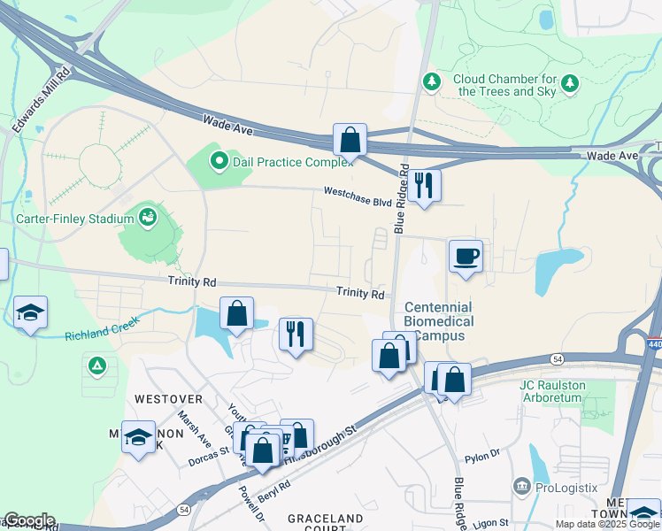 map of restaurants, bars, coffee shops, grocery stores, and more near 4110 Trinity Road in Raleigh