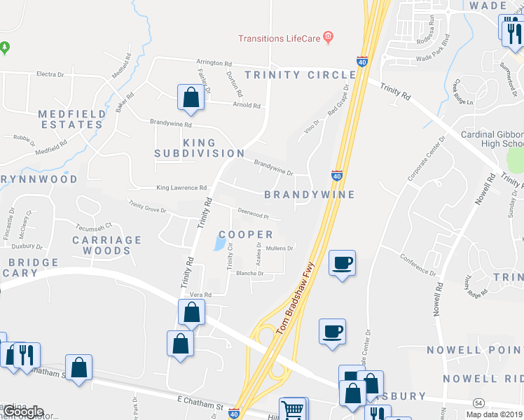 map of restaurants, bars, coffee shops, grocery stores, and more near 6116 Deerwood Place in Raleigh