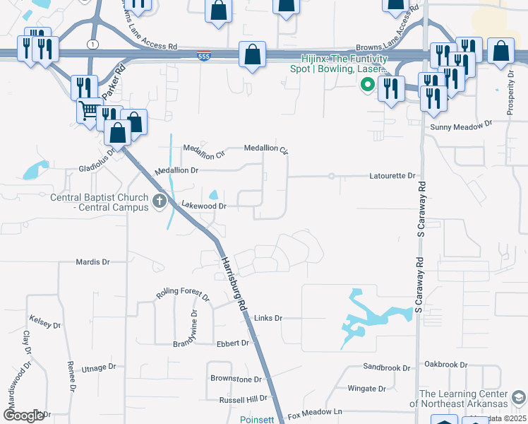 map of restaurants, bars, coffee shops, grocery stores, and more near 1613 Medallion Circle in Jonesboro