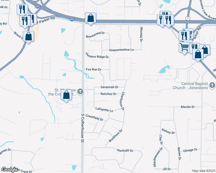 map of restaurants, bars, coffee shops, grocery stores, and more near 217 Savannah Drive in Jonesboro