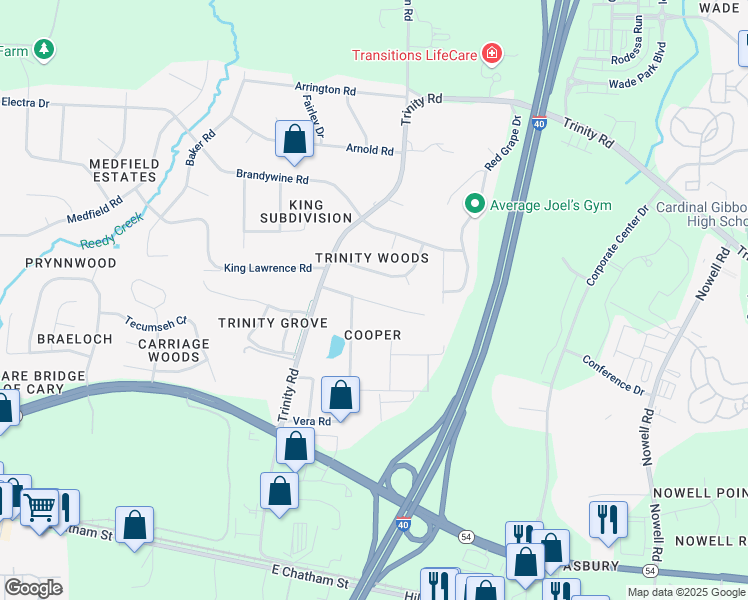 map of restaurants, bars, coffee shops, grocery stores, and more near 6210 Deerwood Place in Raleigh