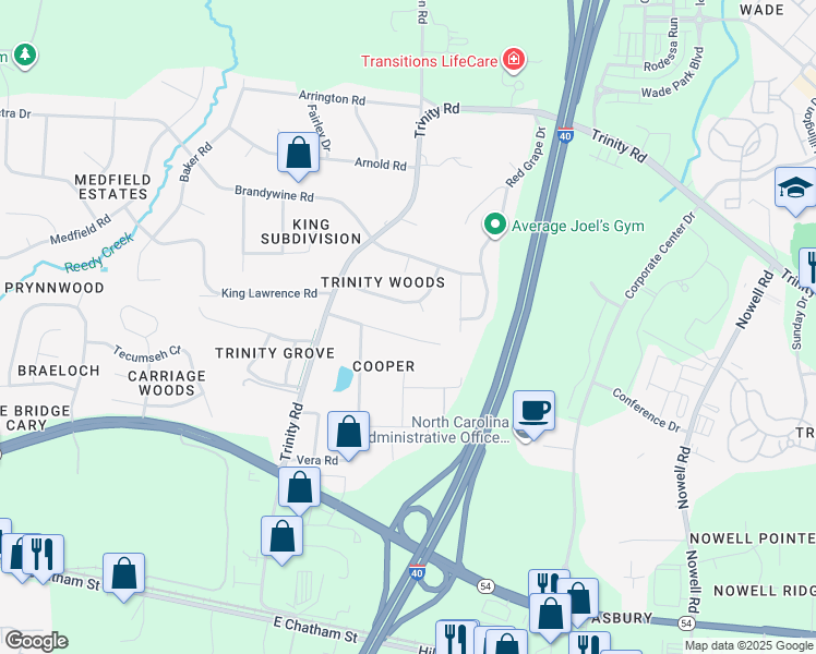 map of restaurants, bars, coffee shops, grocery stores, and more near 6116 Deerwood Place in Raleigh
