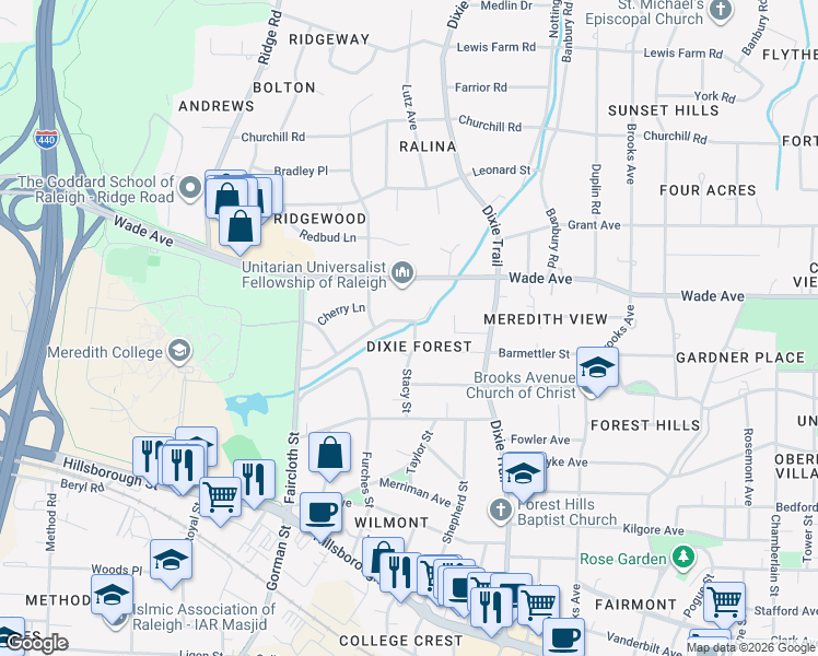 map of restaurants, bars, coffee shops, grocery stores, and more near in Raleigh