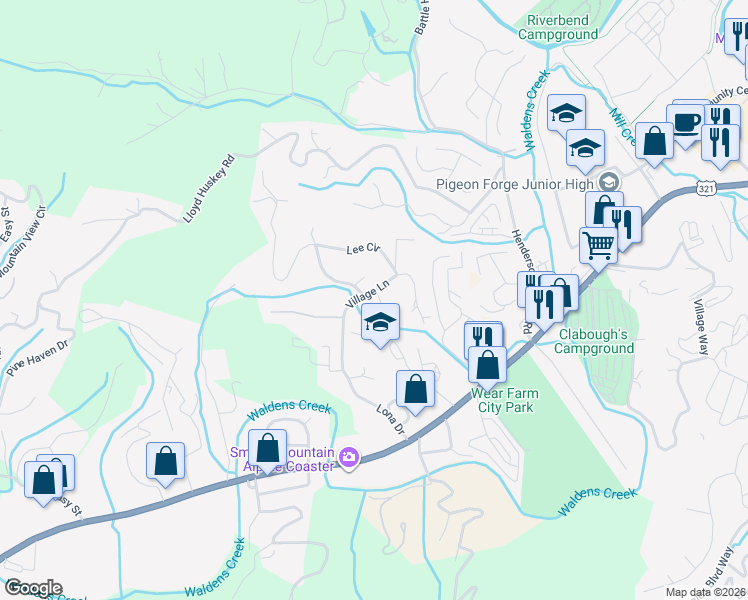 map of restaurants, bars, coffee shops, grocery stores, and more near 608 Kings Row in Sevierville