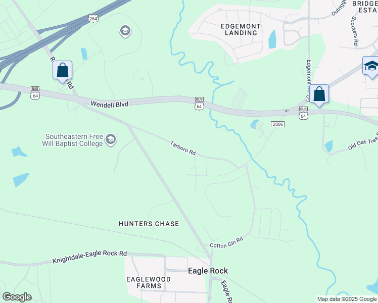 map of restaurants, bars, coffee shops, grocery stores, and more near Old Tarboro Road in Wendell