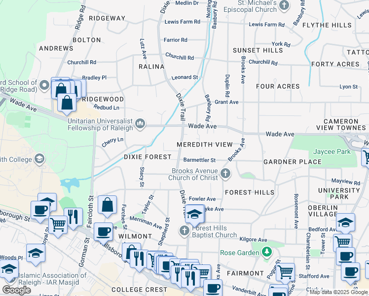 map of restaurants, bars, coffee shops, grocery stores, and more near 708 Dixie Trail in Raleigh