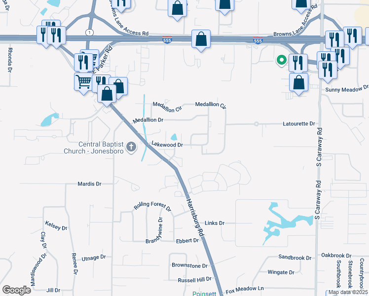 map of restaurants, bars, coffee shops, grocery stores, and more near 1317 Lakewood Drive in Jonesboro