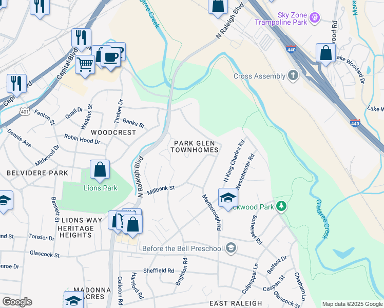 map of restaurants, bars, coffee shops, grocery stores, and more near 849 Dalewood Drive in Raleigh