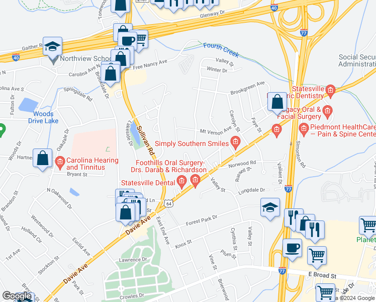 map of restaurants, bars, coffee shops, grocery stores, and more near 6 Brookgreen Place in Statesville