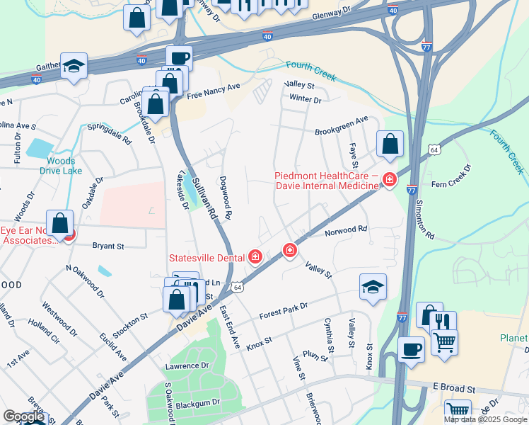 map of restaurants, bars, coffee shops, grocery stores, and more near 6 Brookgreen Place in Statesville