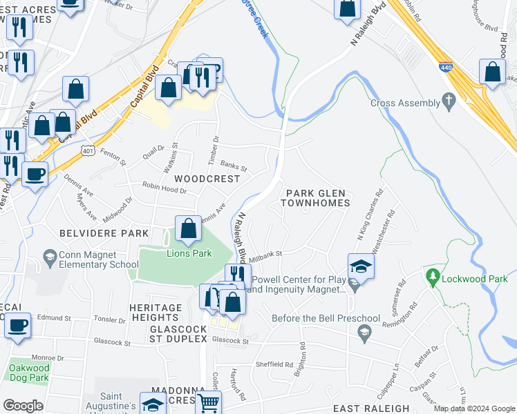 map of restaurants, bars, coffee shops, grocery stores, and more near 1321 Park Glen Drive in Raleigh