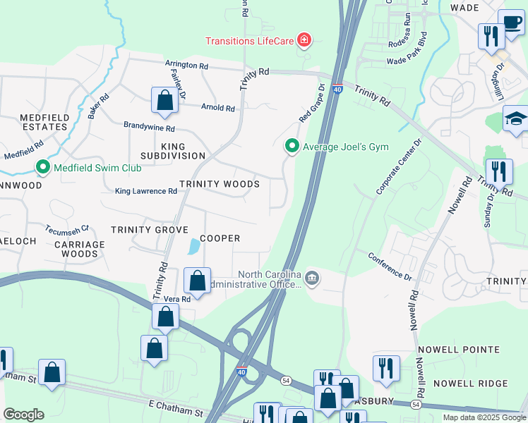 map of restaurants, bars, coffee shops, grocery stores, and more near 1016 Bianco Drive in Raleigh