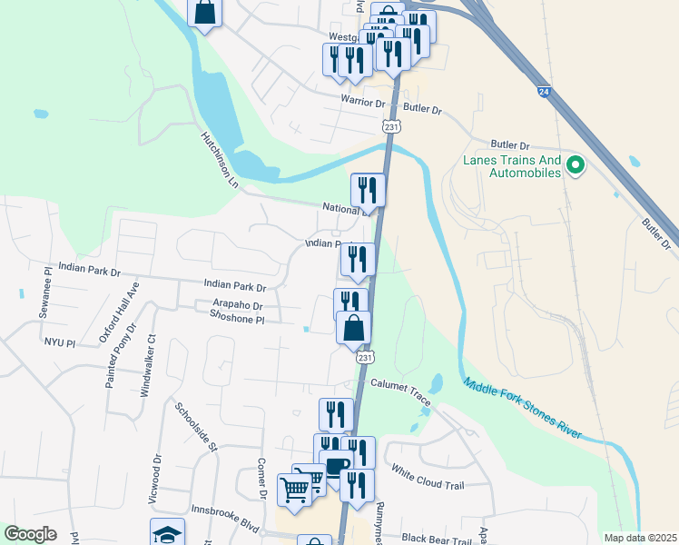 map of restaurants, bars, coffee shops, grocery stores, and more near 2633 Merchants Walk in Murfreesboro