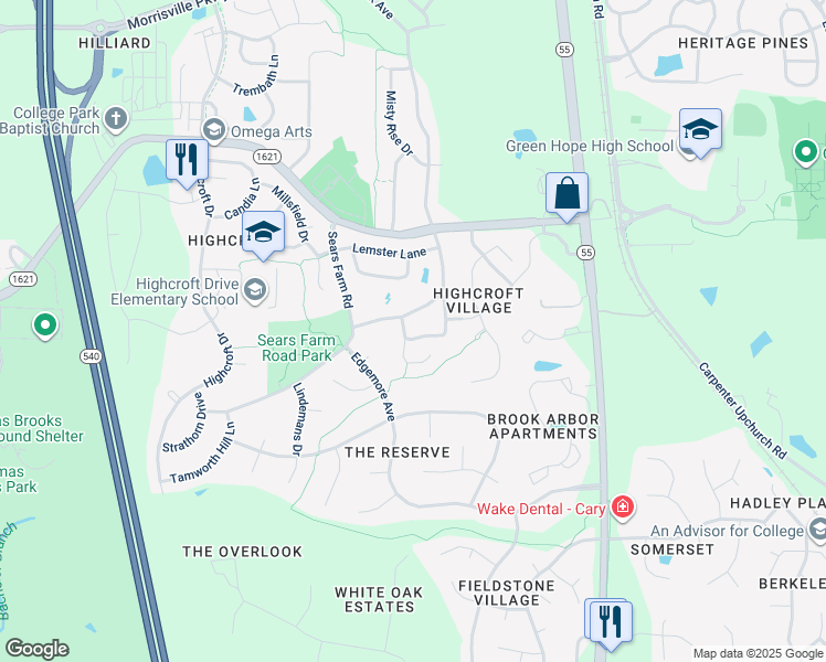 map of restaurants, bars, coffee shops, grocery stores, and more near 229 Tilth Street in Cary
