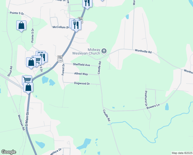 map of restaurants, bars, coffee shops, grocery stores, and more near 365 Dogwood Drive in Randleman