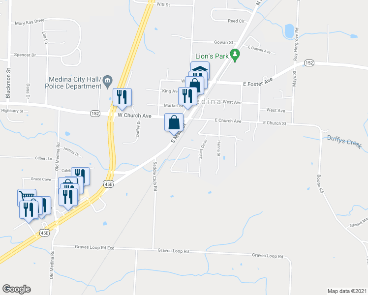 map of restaurants, bars, coffee shops, grocery stores, and more near 165 Chronicles Drive in Medina