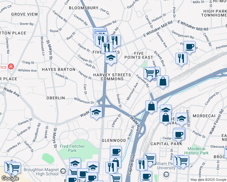 map of restaurants, bars, coffee shops, grocery stores, and more near 707 West Aycock Street in Raleigh